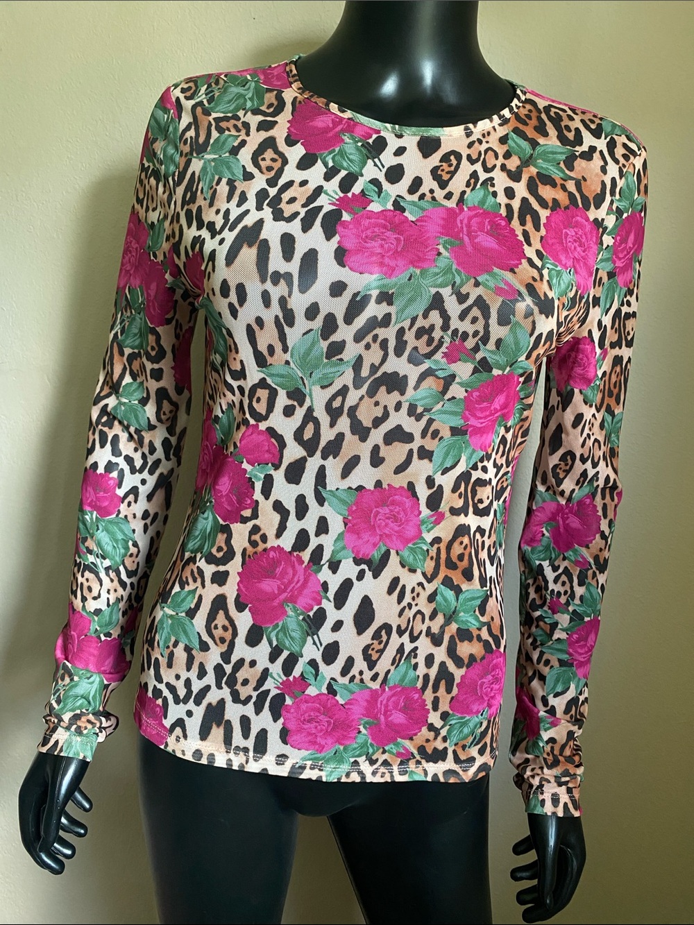 SHEIN Sheer Pink Floral & Leopard Print Long Sleeve Top